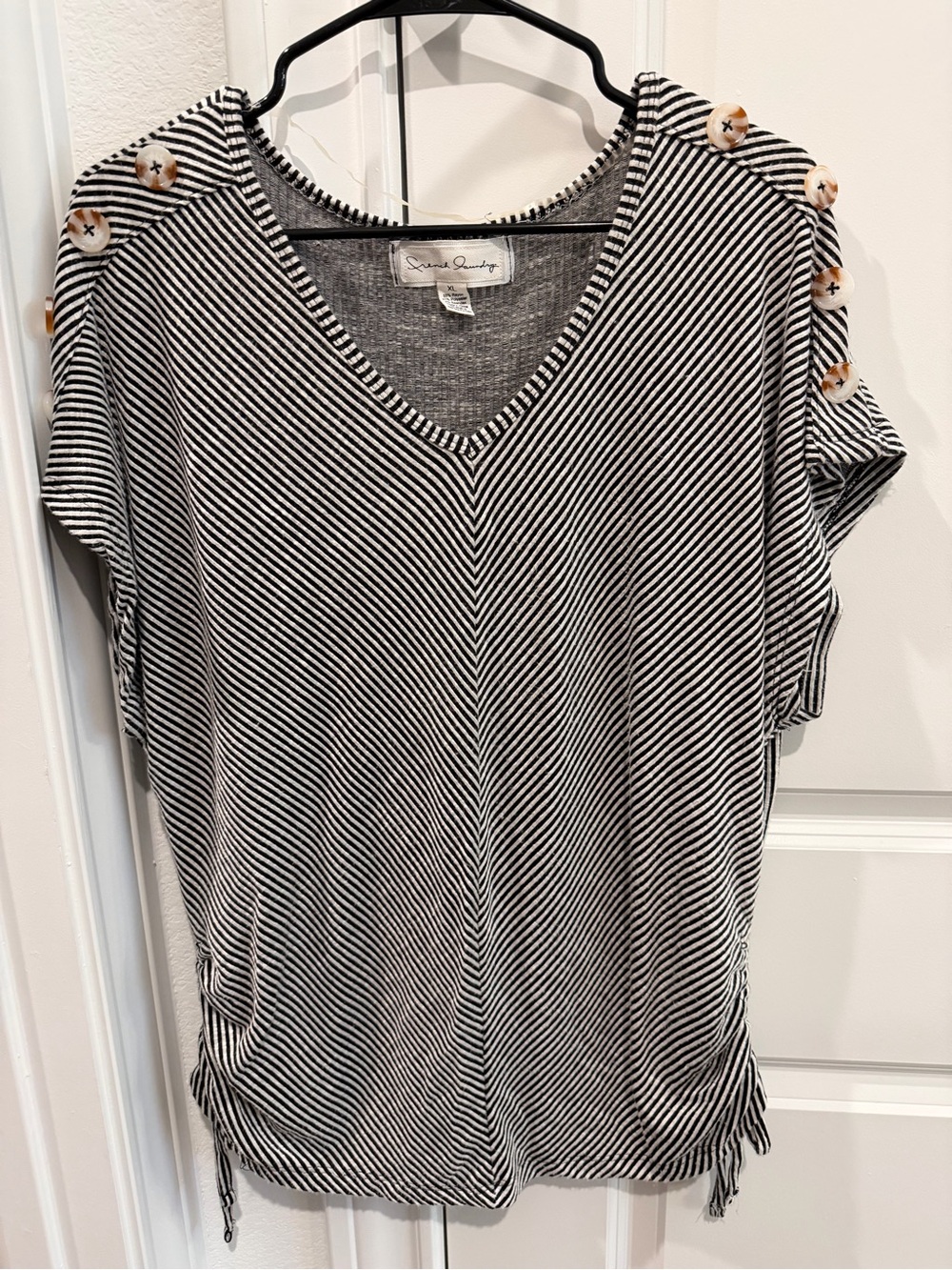 French Laundry Black and White Striped V-Neck Top with Button Shoulder Detail